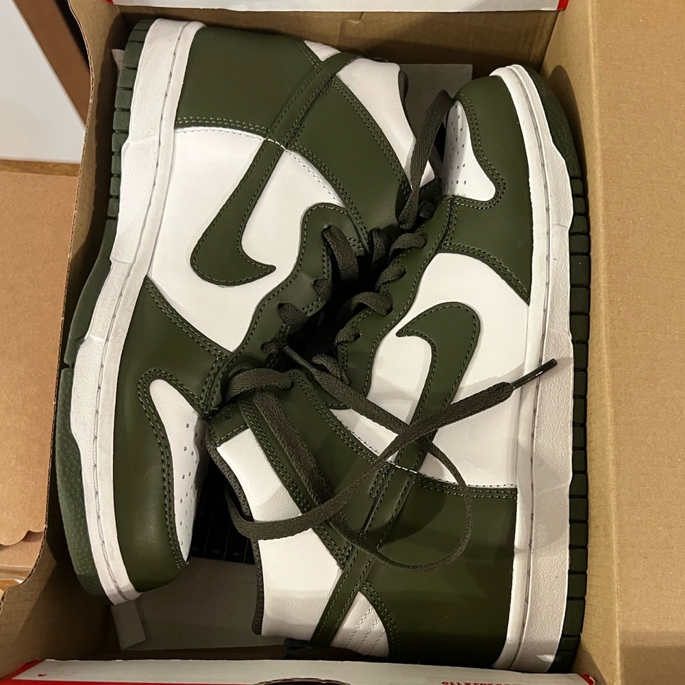 Olive and White Nike High Dunks